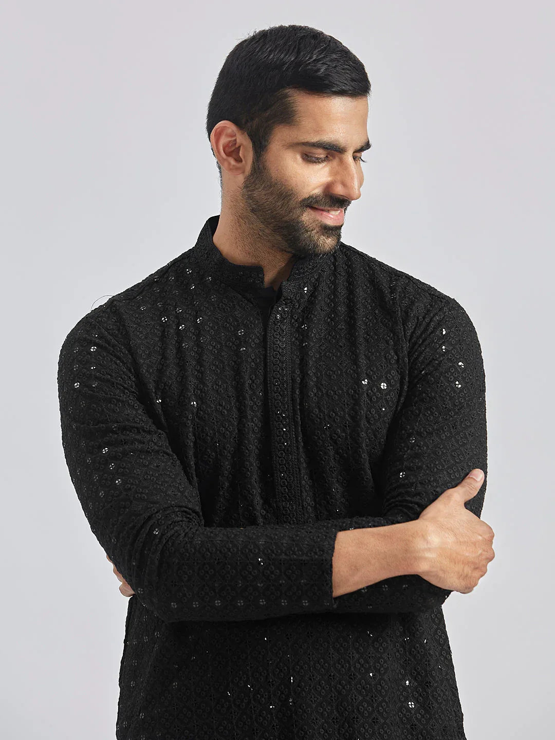 Men's Black And White Rayon Cotton Kurta Pyjama Set