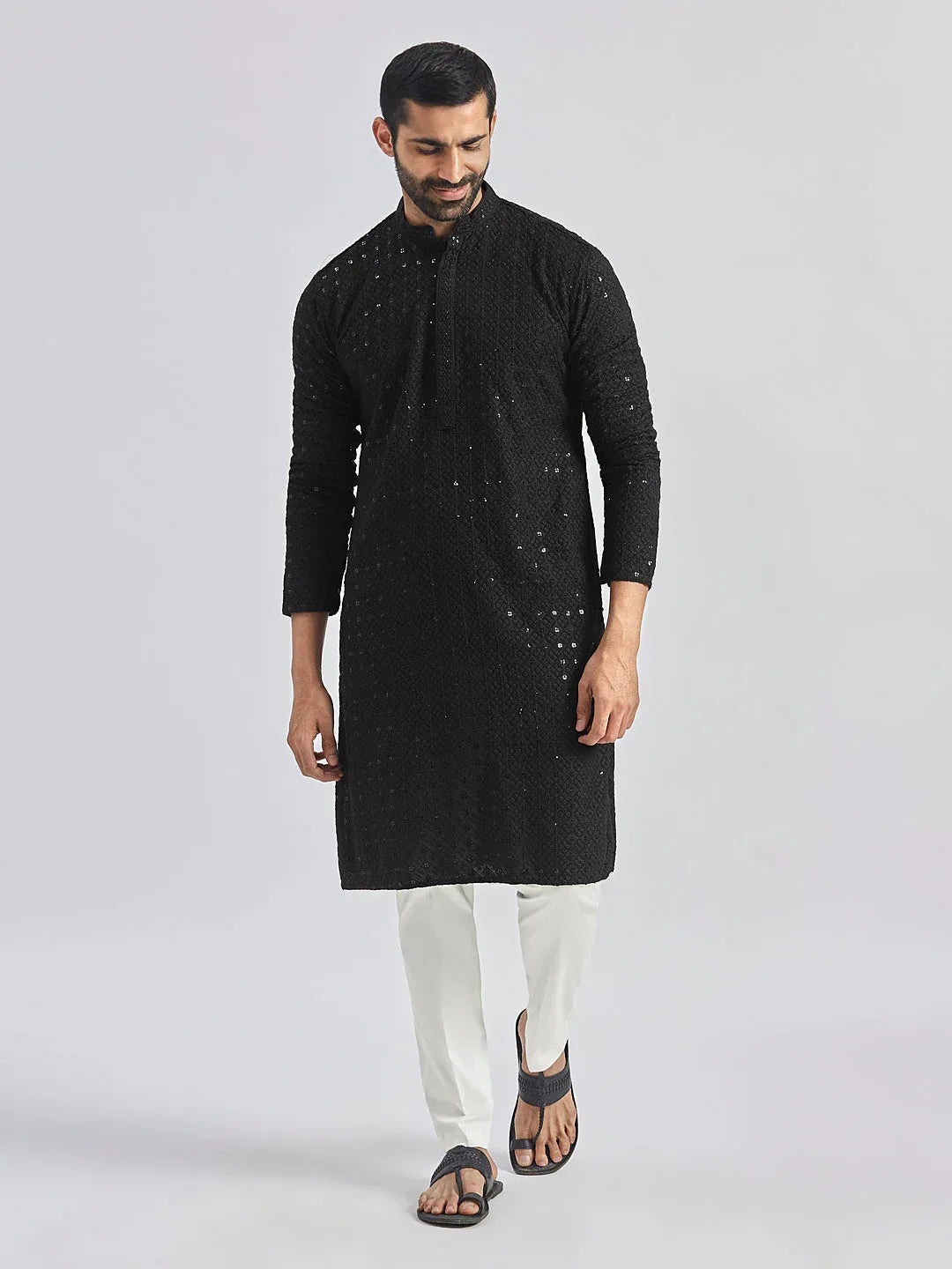 Men's Black And White Rayon Cotton Kurta Pyjama Set