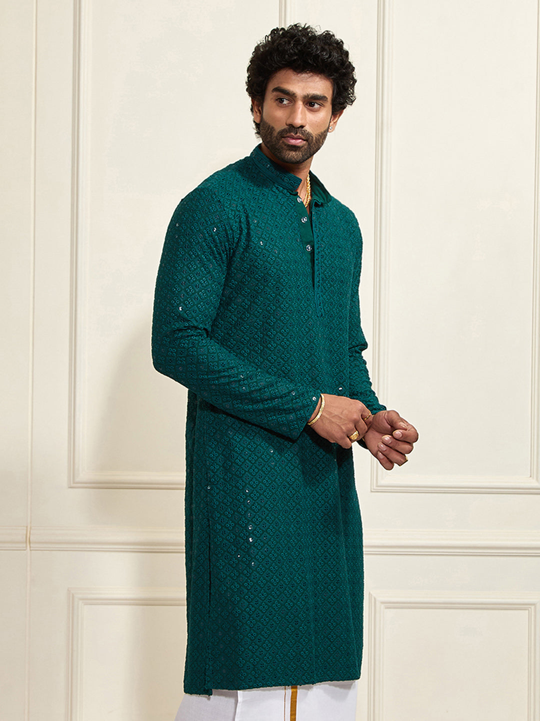 Men's Green Rayon Schiffli Kurta