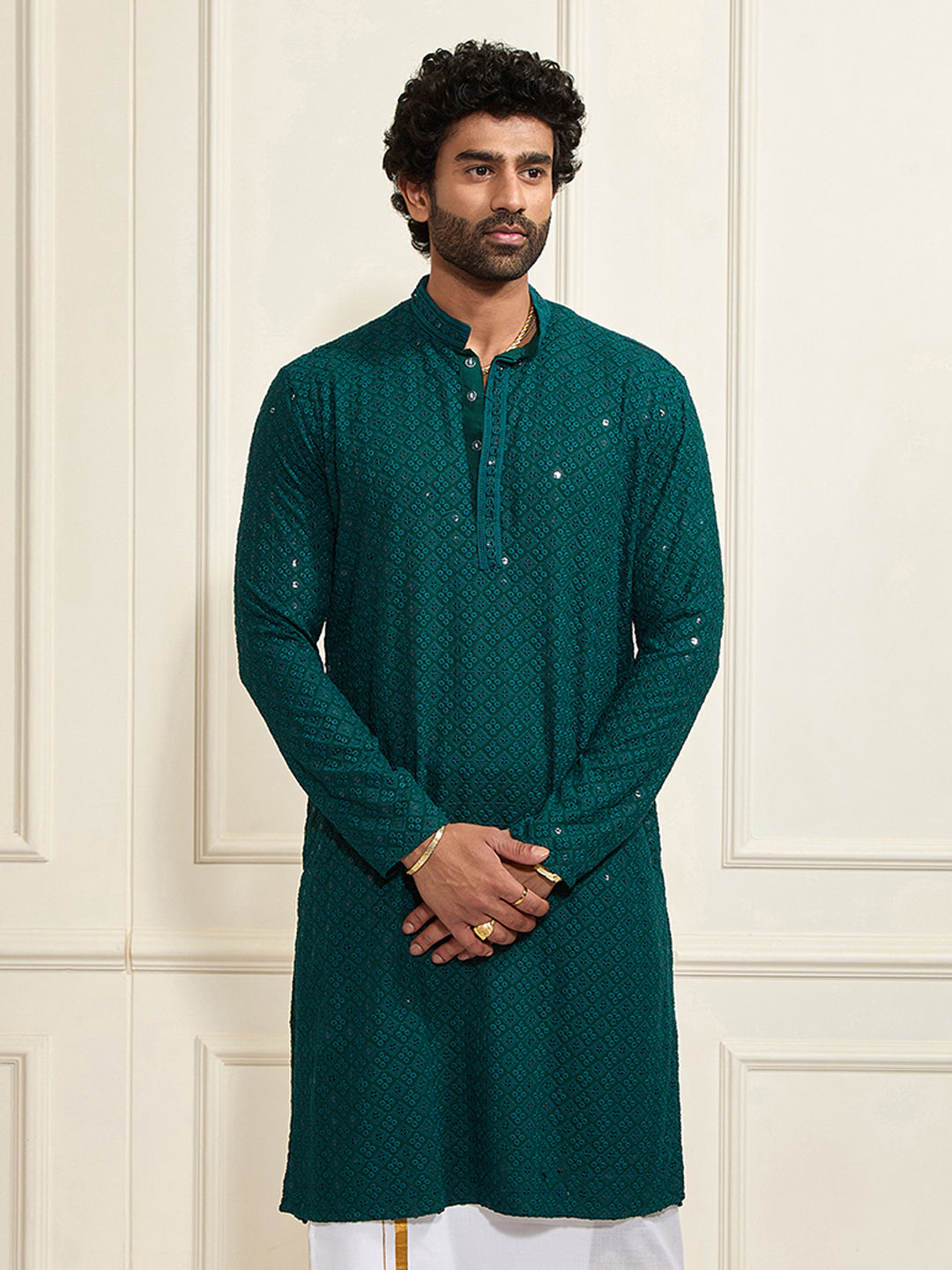 Men's Green Rayon Schiffli Kurta