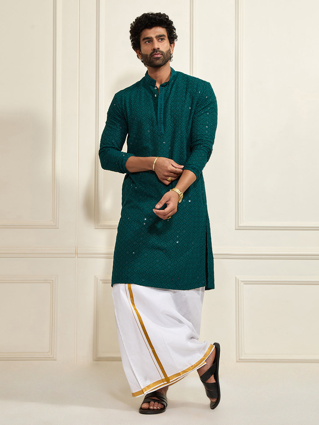 Men's Green Rayon Schiffli Kurta
