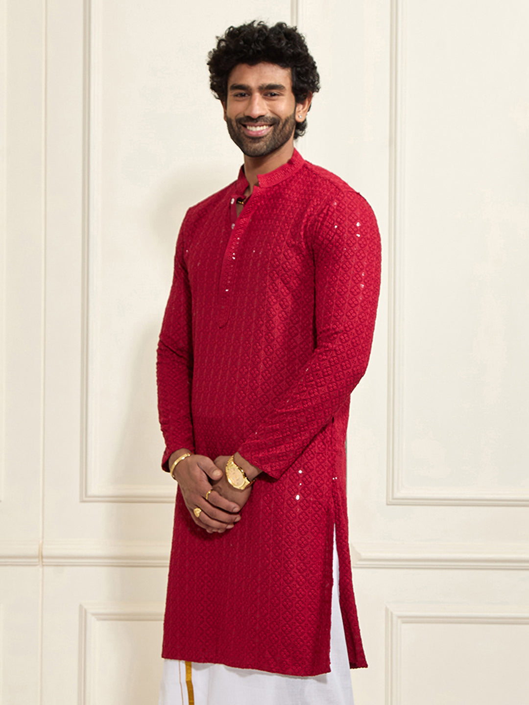 Men's Maroon Rayon Schiffli Kurta