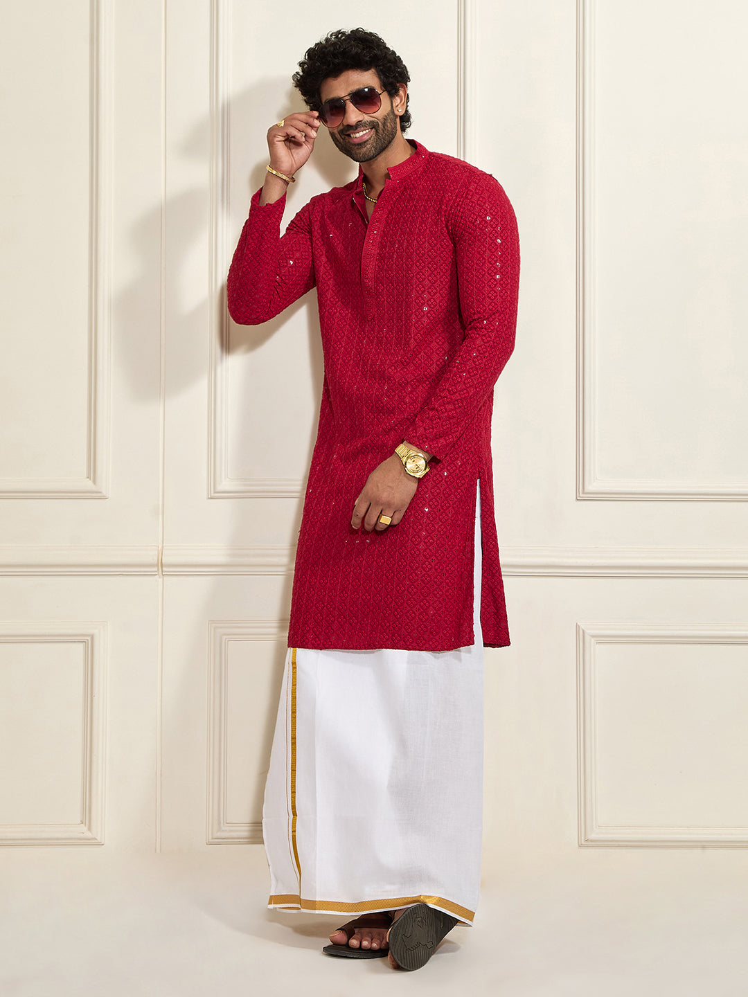 Men's Maroon Rayon Schiffli Kurta