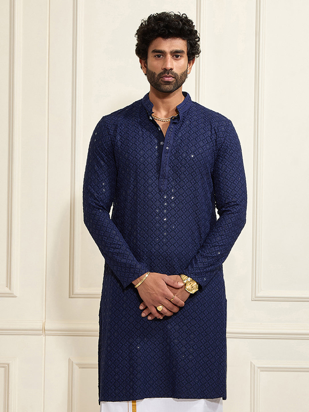 Men's Navy Blue Rayon Schiffli Kurta