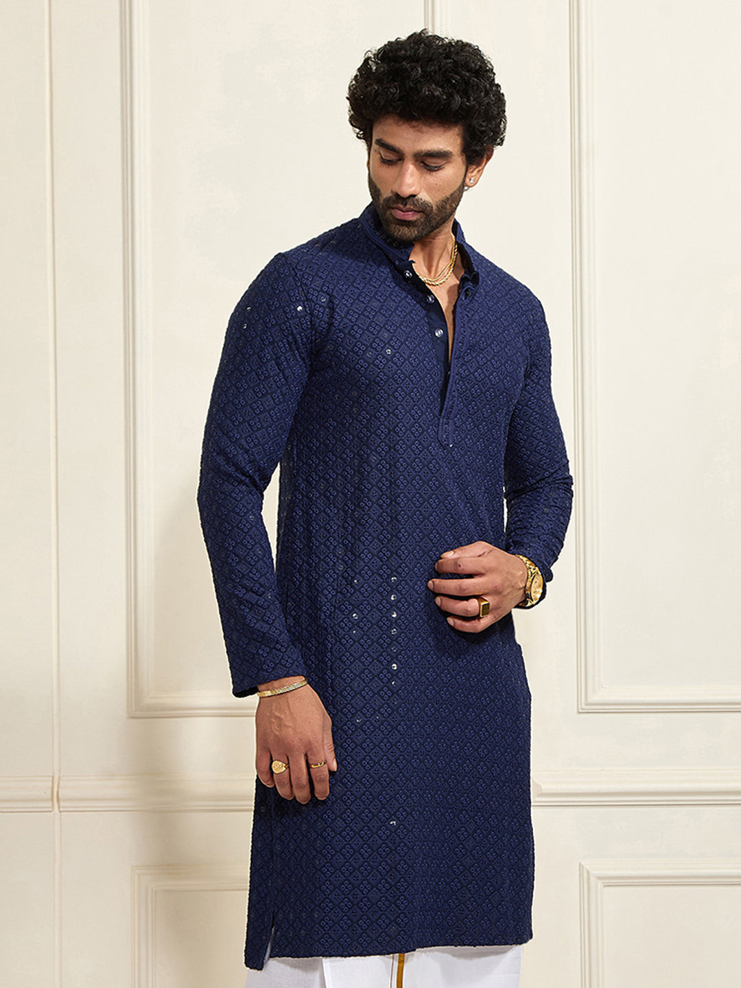 Men's Navy Blue Rayon Schiffli Kurta