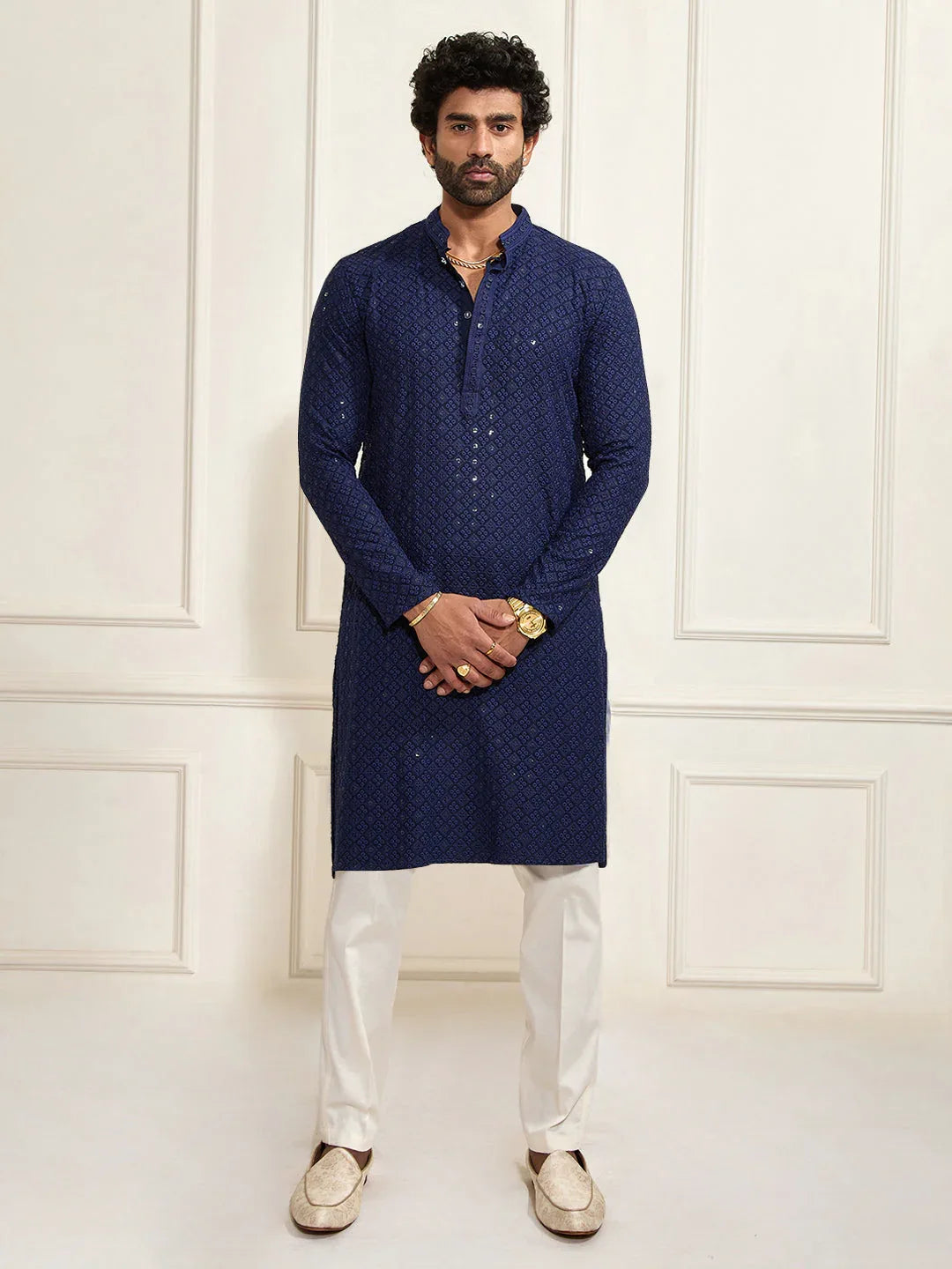 Men’s Navy Blue Shifli Sequin Embroidered Kurta with Cream Pyjama Set