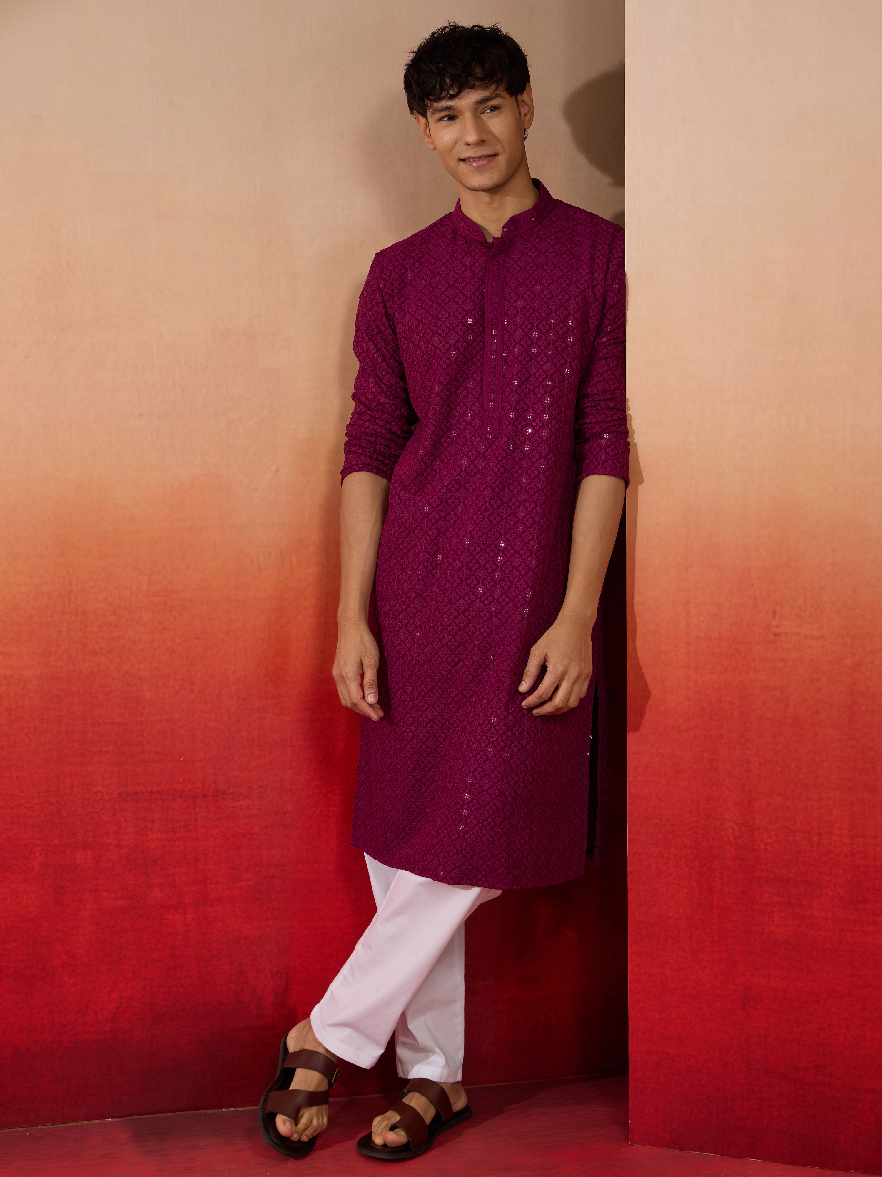 Men's Purple Rayon Sequin Embroidered Kurta with White Trousers