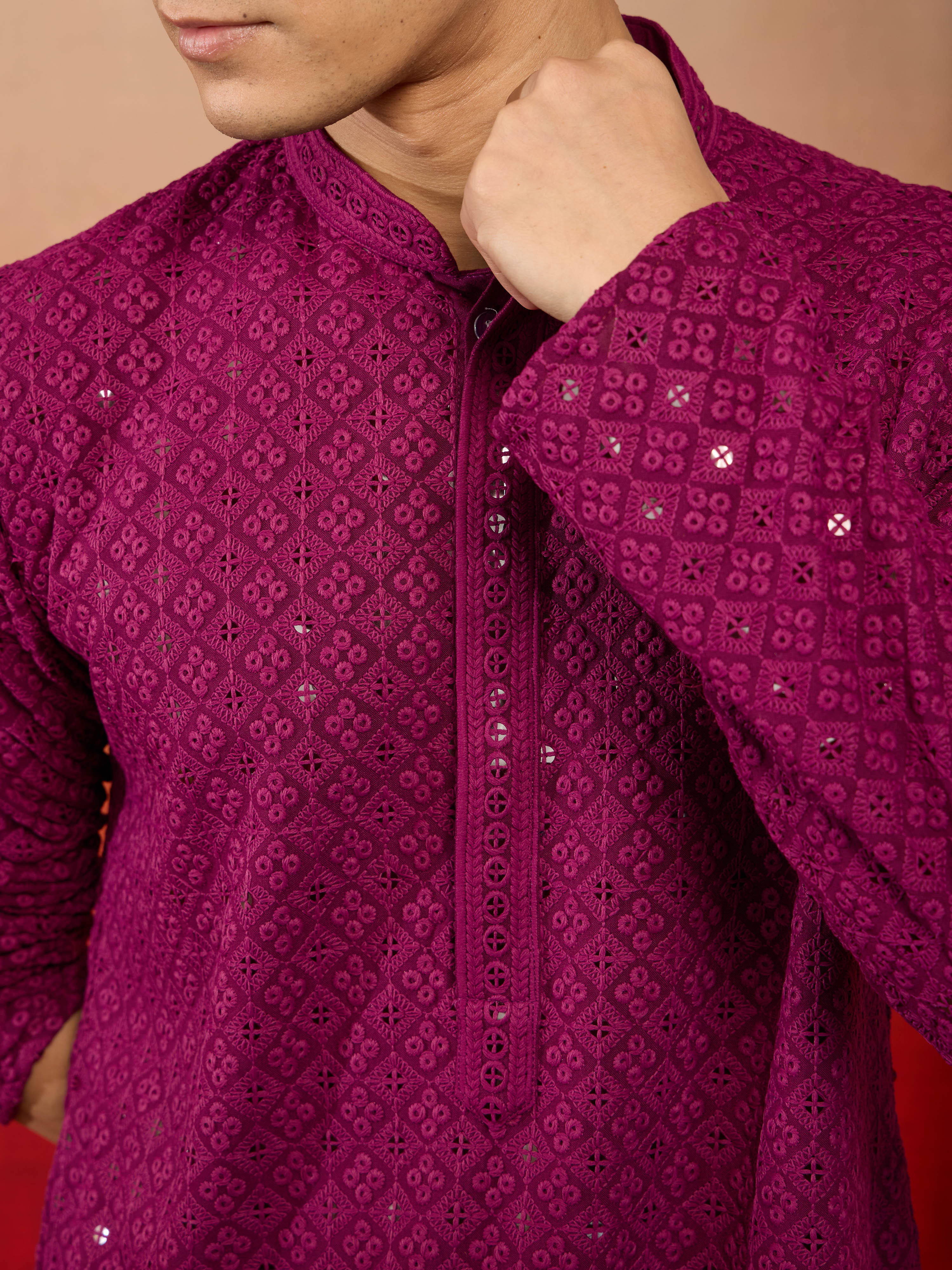 Men's Purple Rayon Sequin Embroidered Kurta with White Trousers