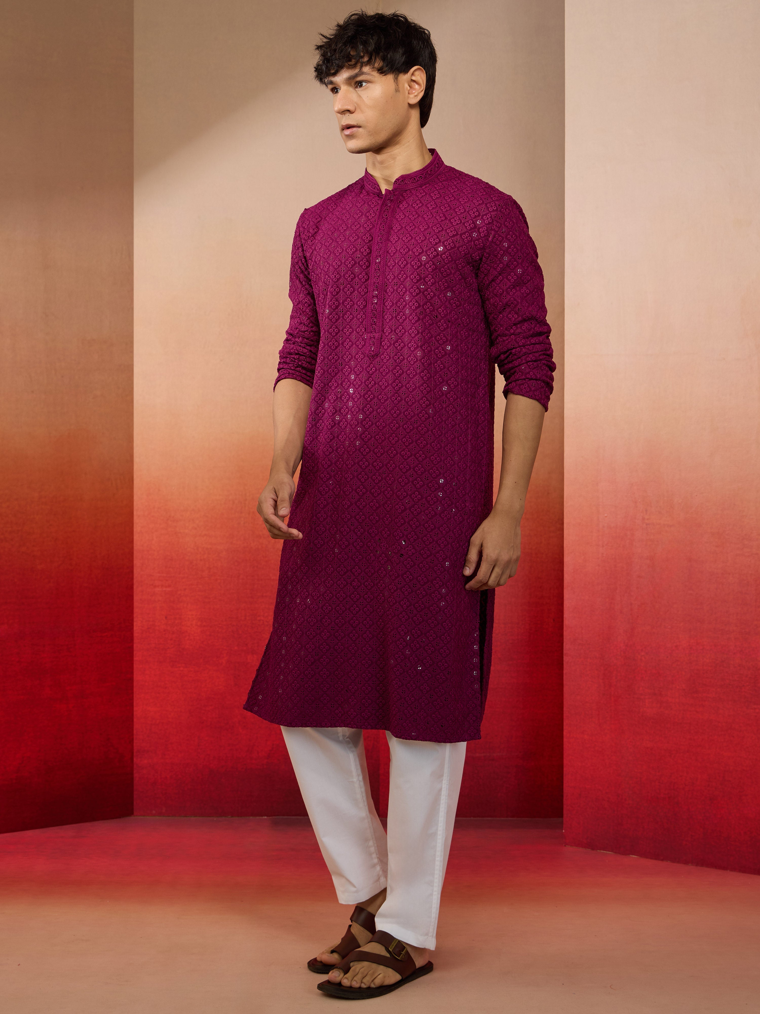 Men's Purple Rayon Sequin Embroidered Kurta with White Trousers
