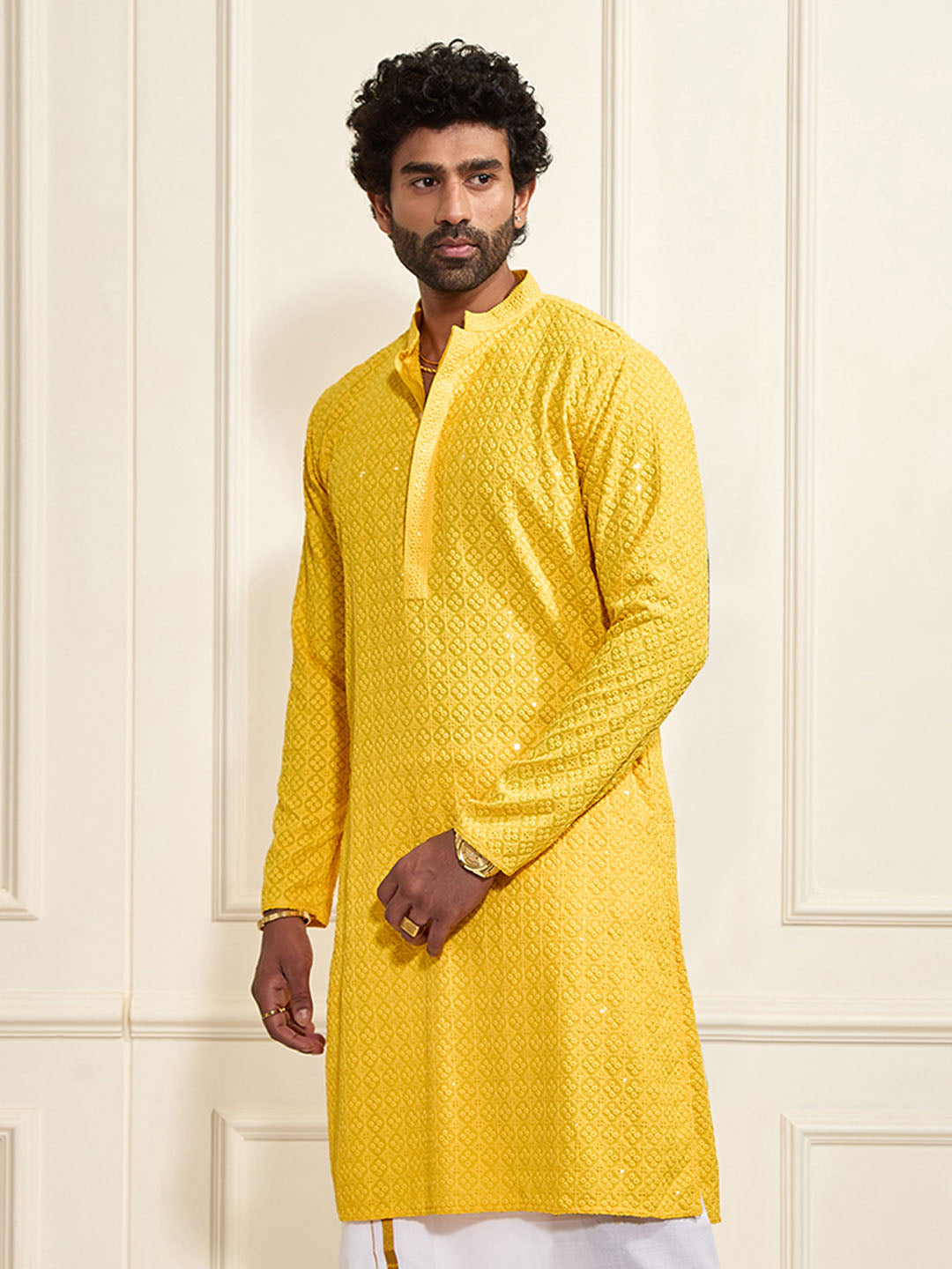 Men's Yellow Rayon Schiffli Kurta