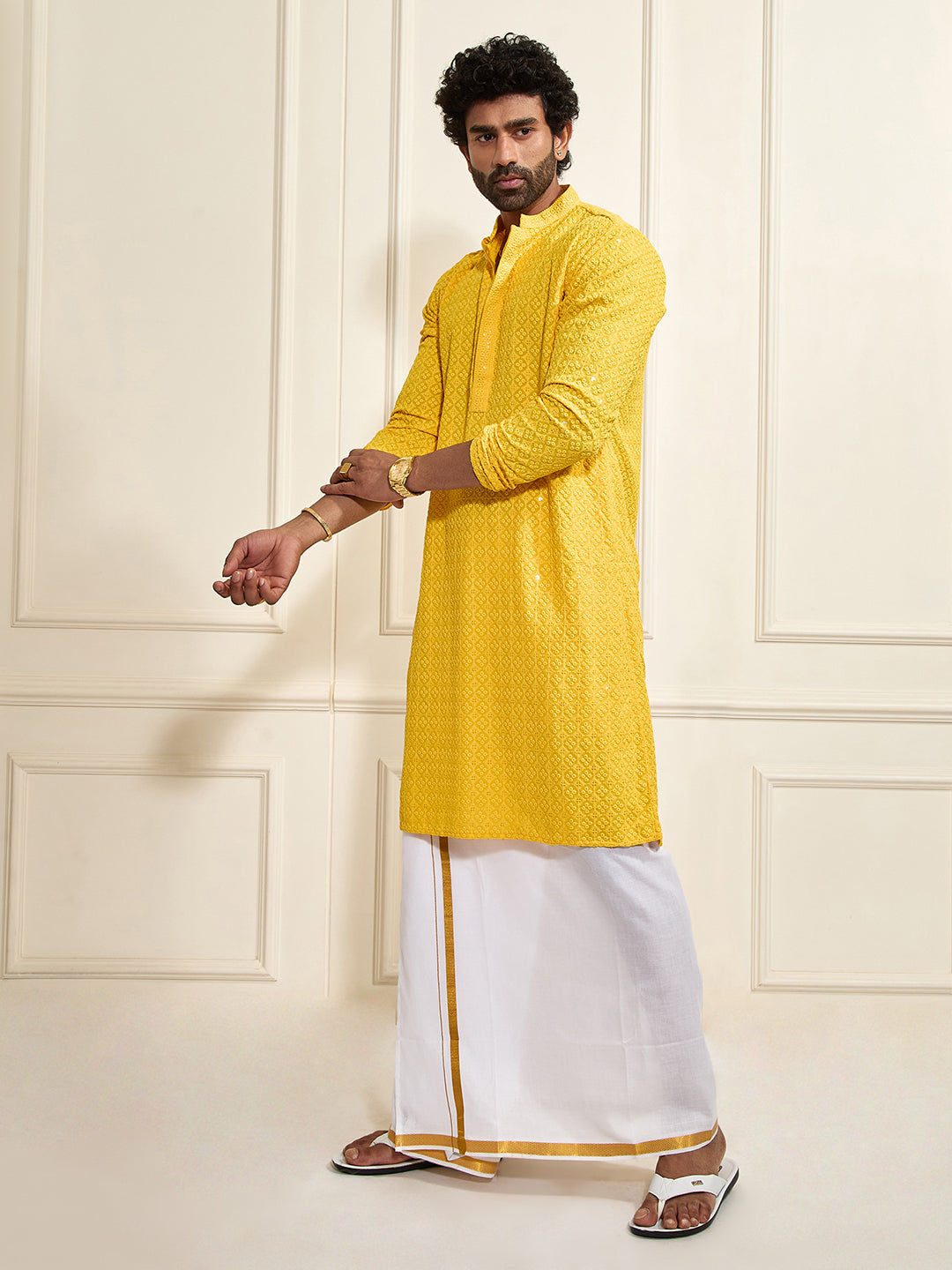 Men's Yellow Rayon Schiffli Kurta
