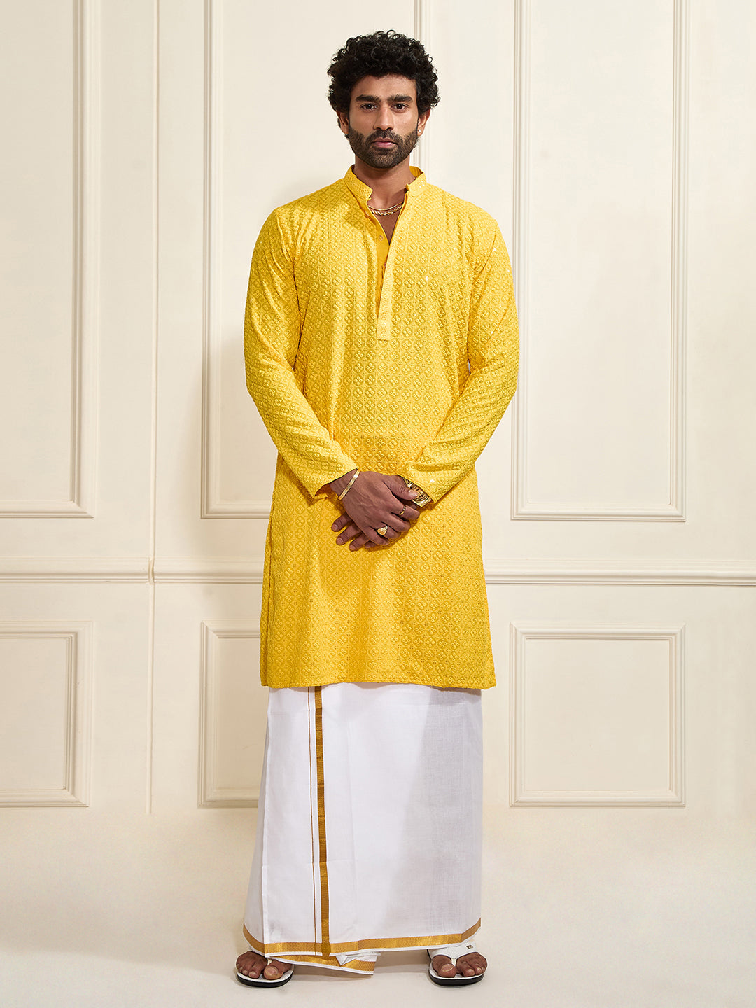 Men's Yellow Rayon Cotton Kurta And Mundu Set