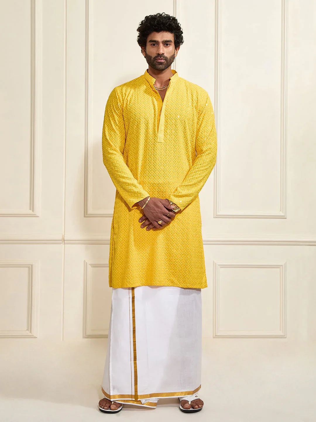Men's Yellow Rayon Cotton Kurta And Mundu Set