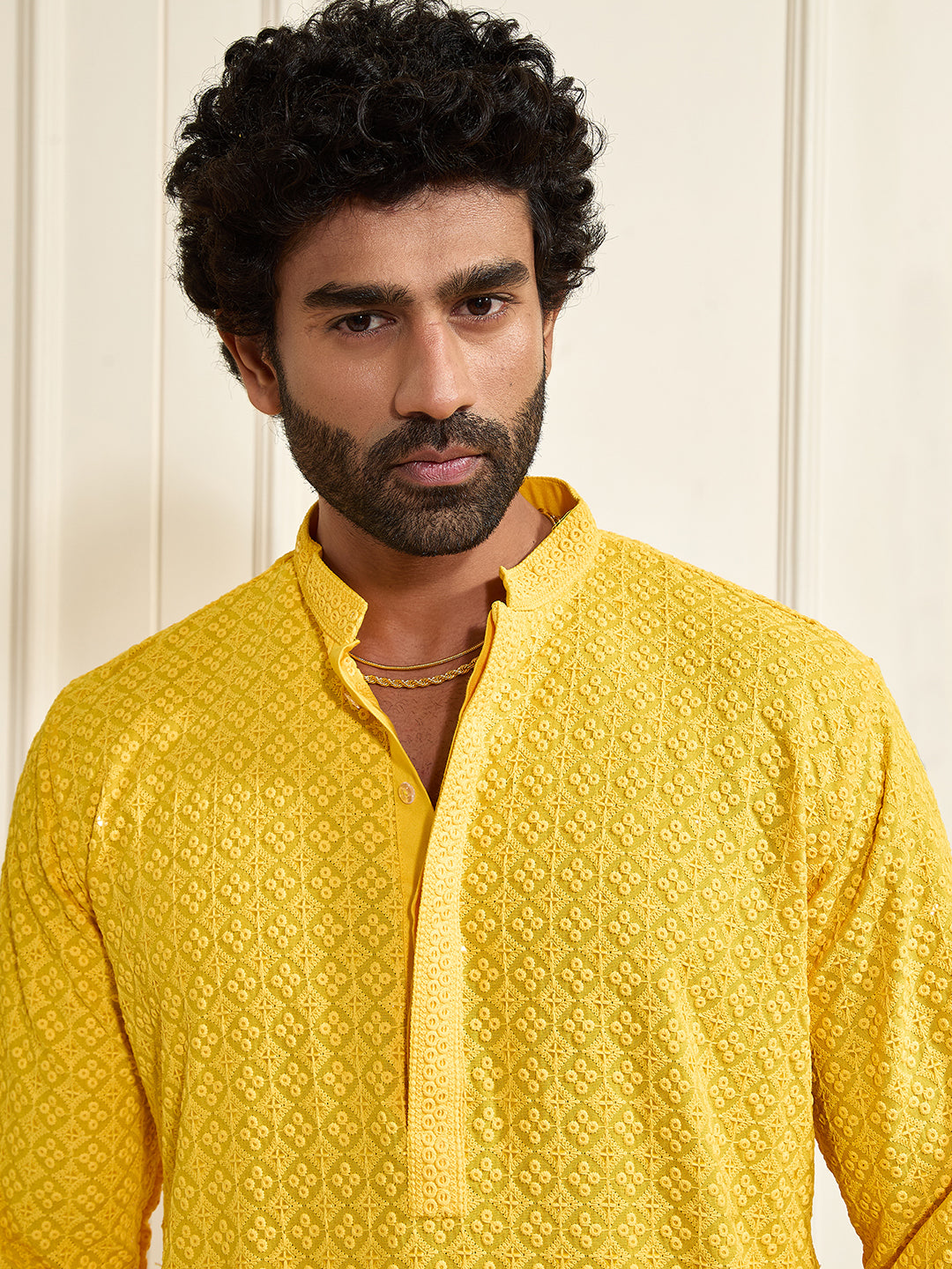 Men's Yellow Rayon Cotton Kurta And Mundu Set