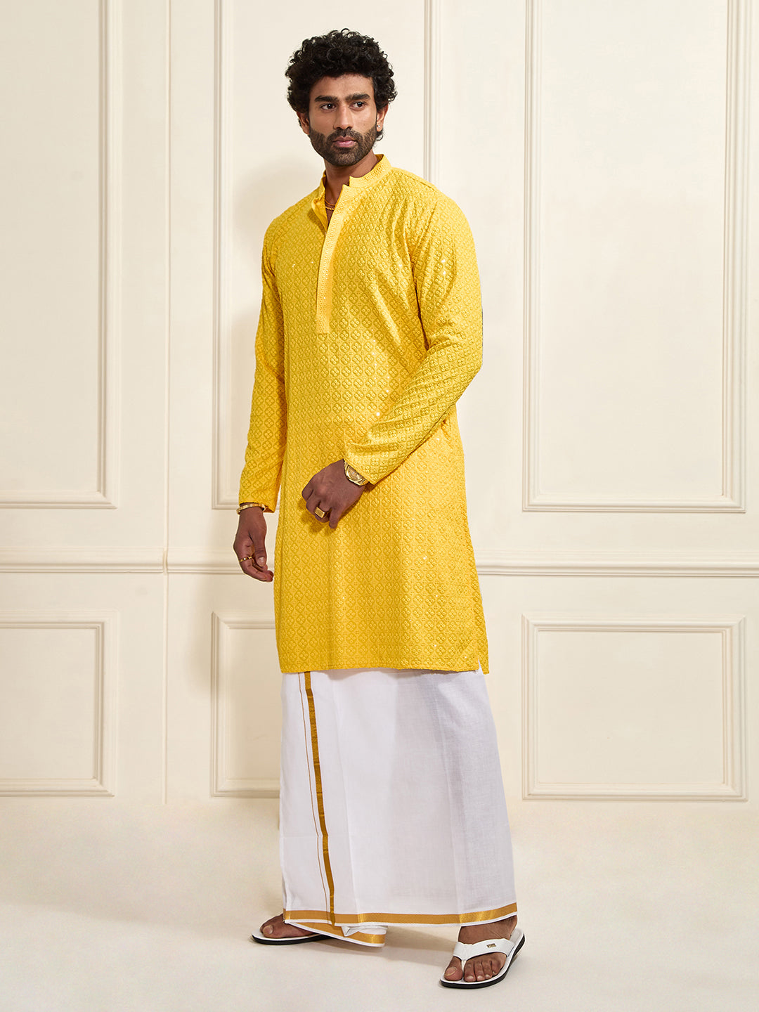 Men's Yellow Rayon Cotton Kurta And Mundu Set