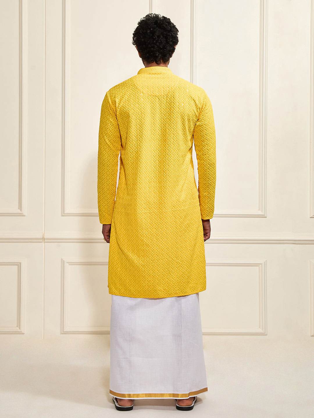 Men's Yellow Rayon Cotton Kurta And Mundu Set