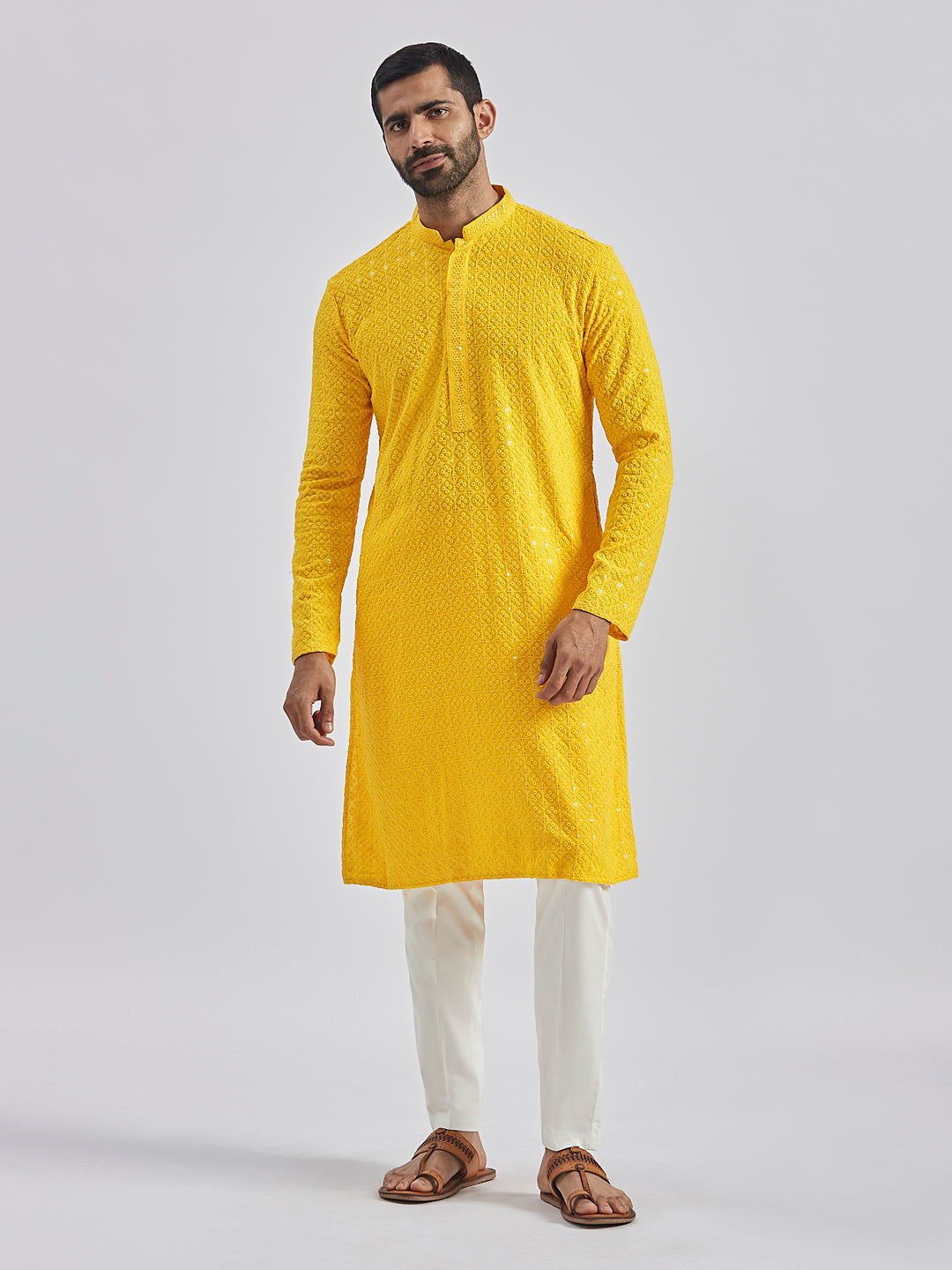 Men's Yellow And White Rayon Cotton Kurta Pyjama Set