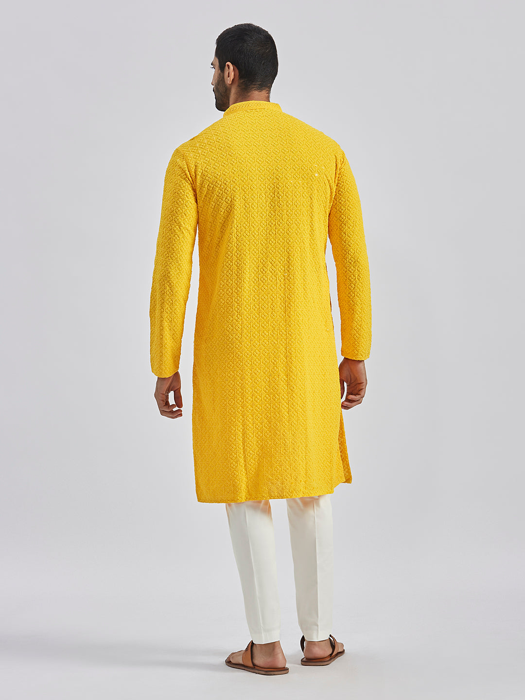 Men's Yellow And White Rayon Cotton Kurta Pyjama Set