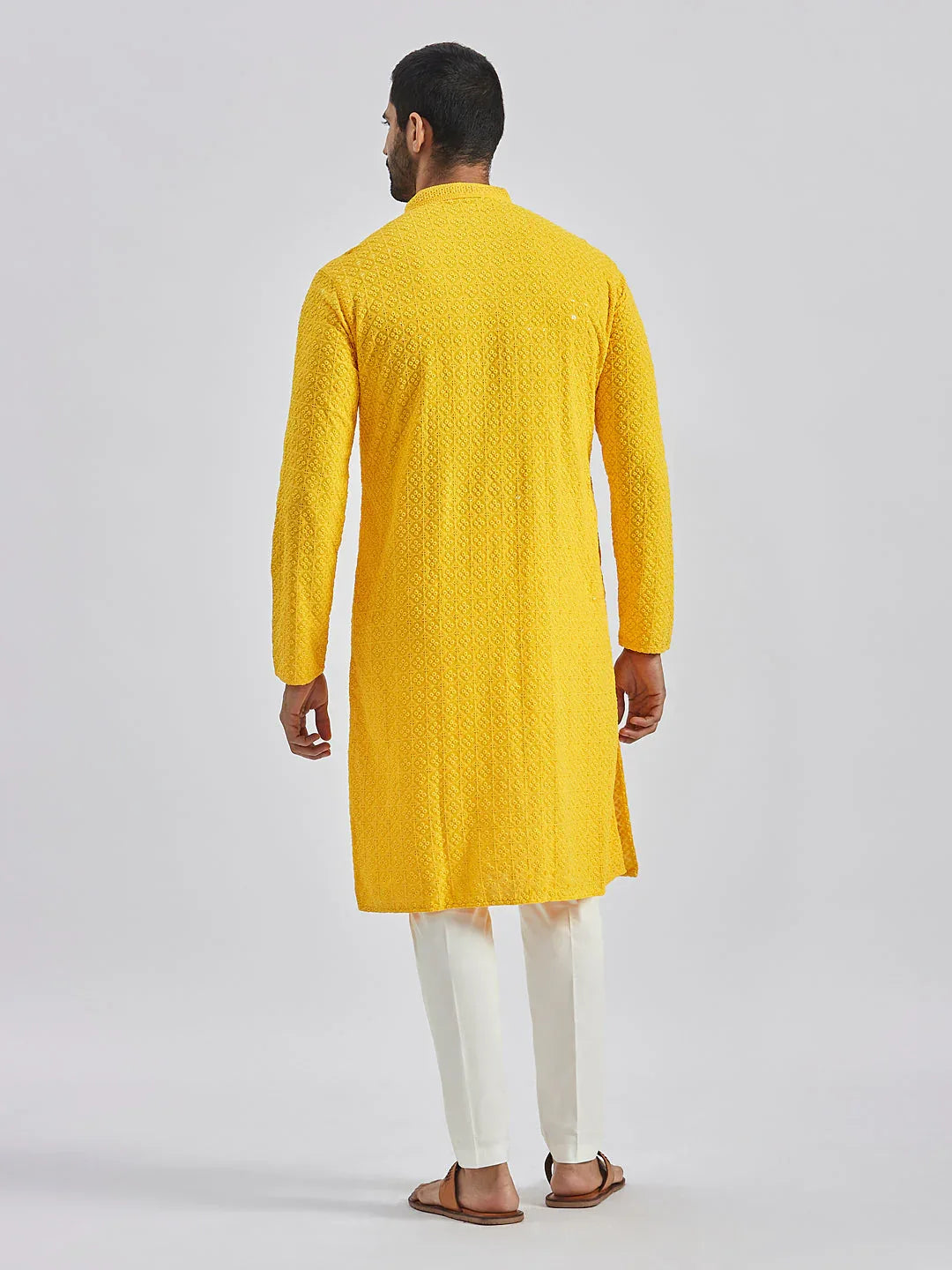 Men's Yellow And White Rayon Cotton Kurta Pyjama Set