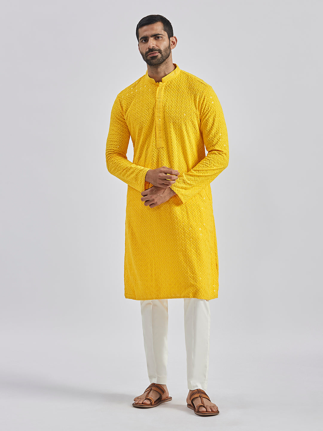 Men's Yellow And White Rayon Cotton Kurta Pyjama Set