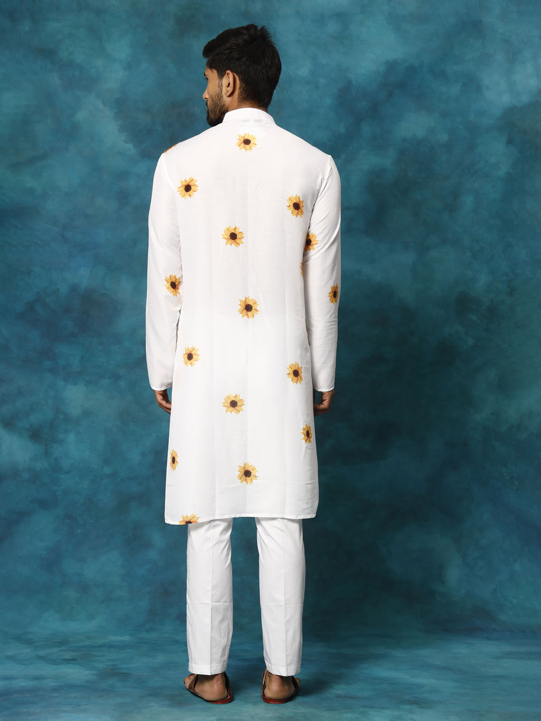 Men's White Cotton Blend Sunflower Print Kurta Pant Set