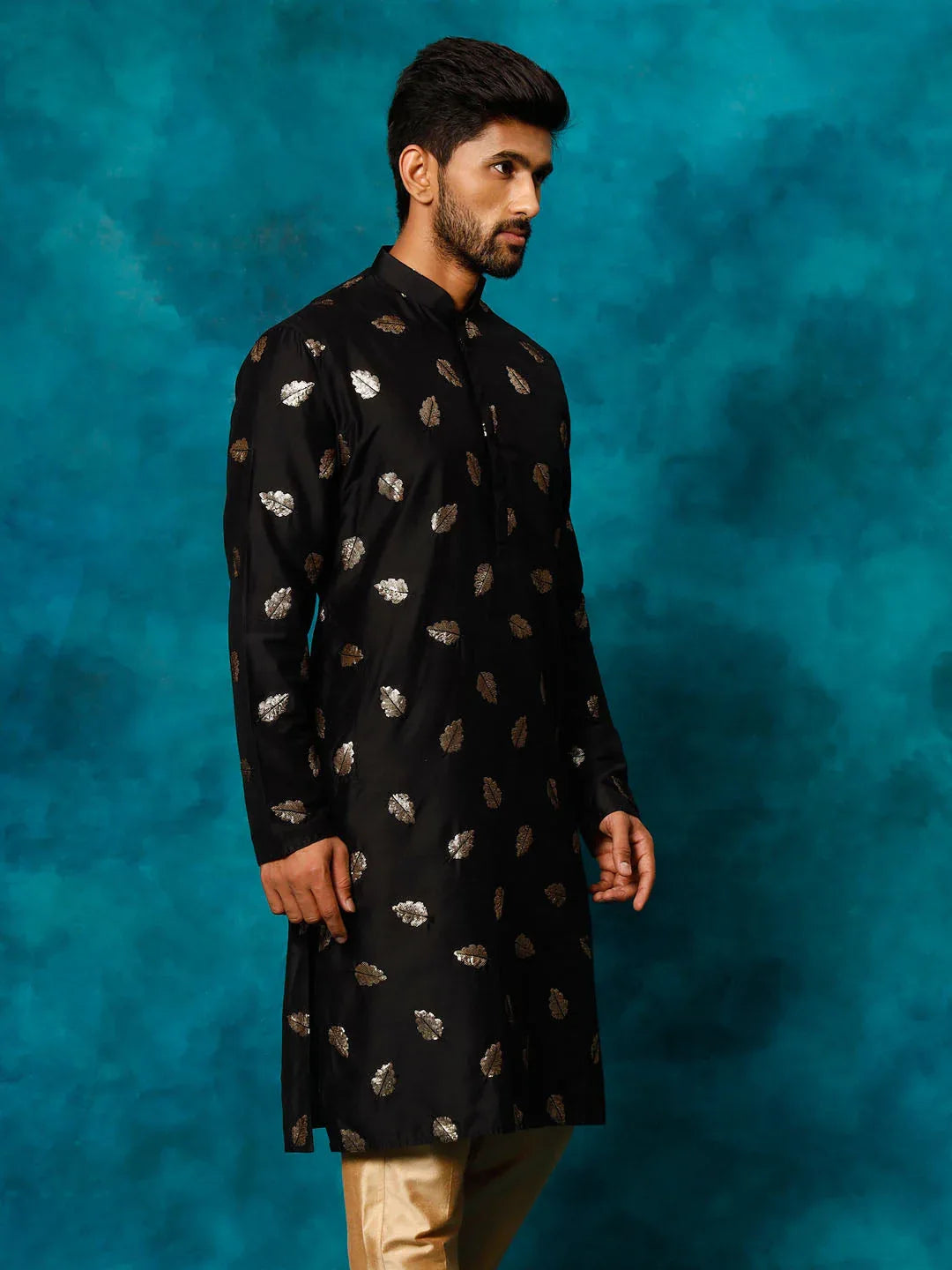 Men's Black Leaf Motif Embellished Kurta