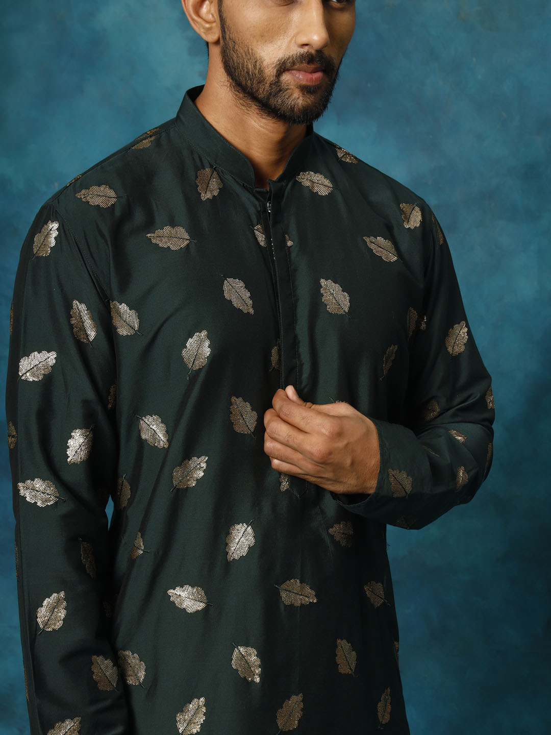 Men's Green Leaf Motif Embellished Kurta