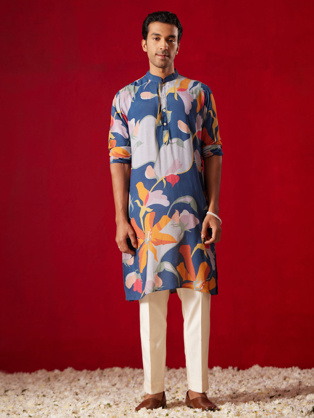 Men's Multi Color Base Blue Cotton Blend Kurta Pyjama Set