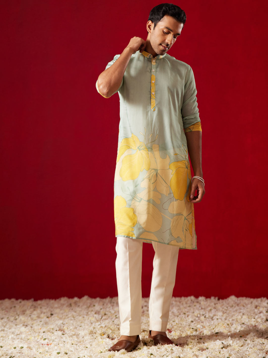 Men's Multi Color Base Yellow Cotton Blend Kurta Pyjama Set