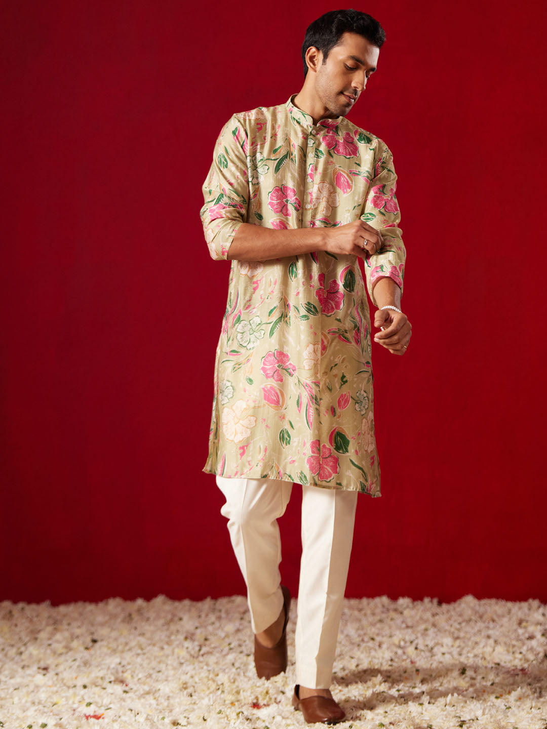 Men's Multi Color Base Beige Cotton Blend Kurta Pyjama Set