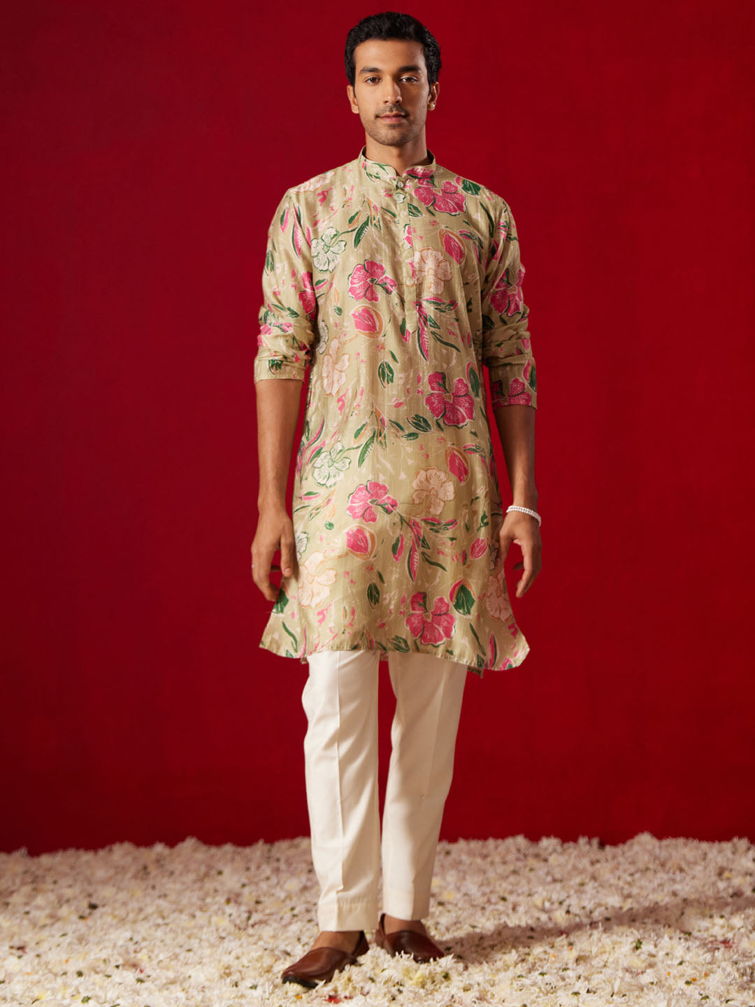 Men's Multi Color Base Beige Cotton Blend Kurta Pyjama Set