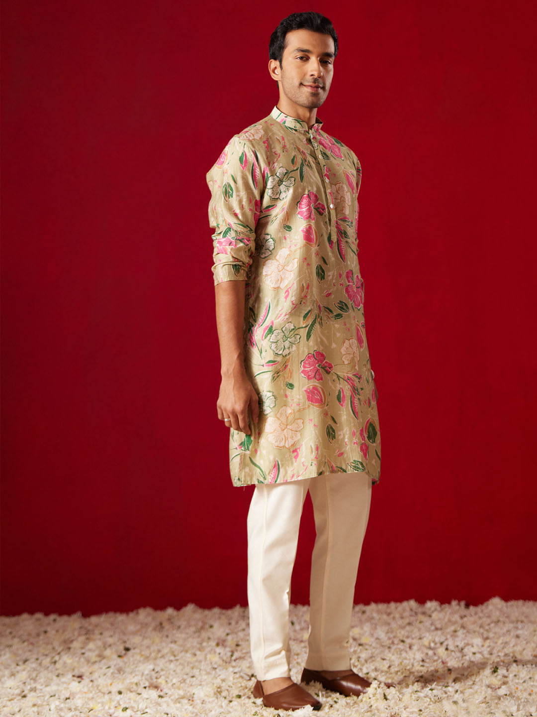 Men's Multi Color Base Beige Cotton Blend Kurta Pyjama Set