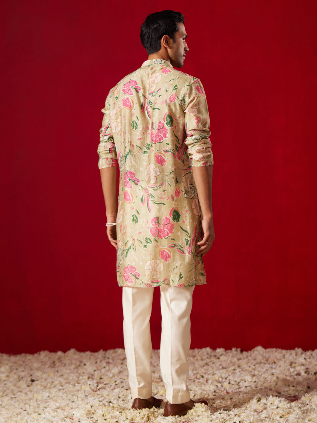 Men's Multi Color Base Beige Cotton Blend Kurta Pyjama Set
