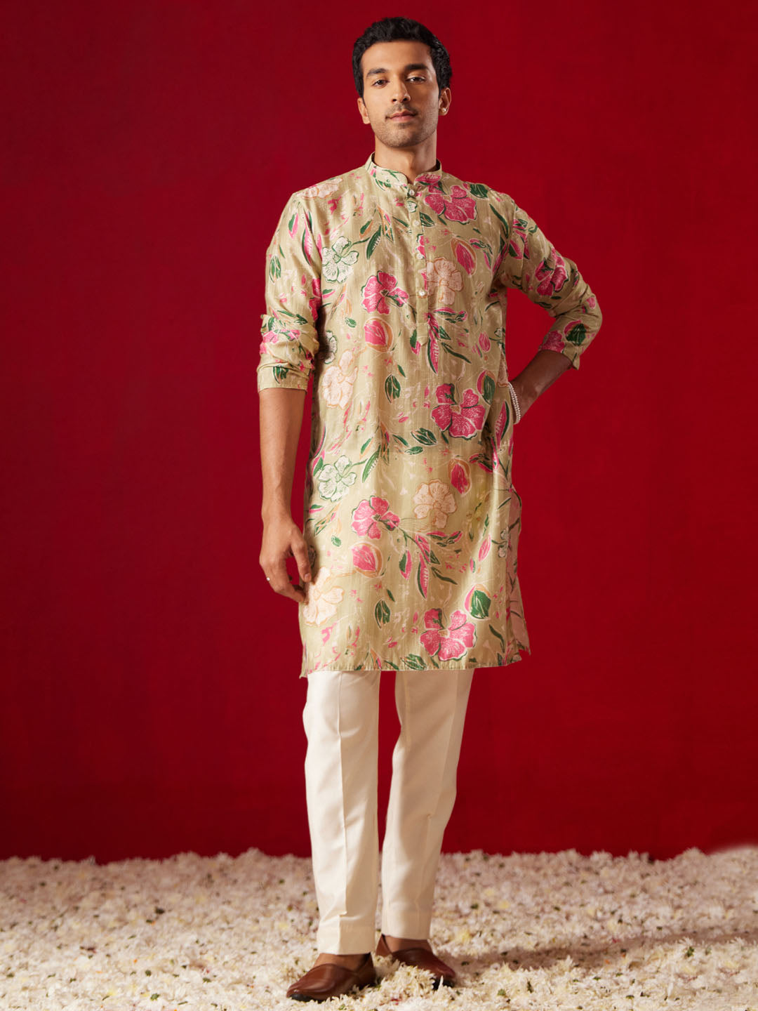 Men's Multi Color Base Beige Cotton Blend Kurta Pyjama Set
