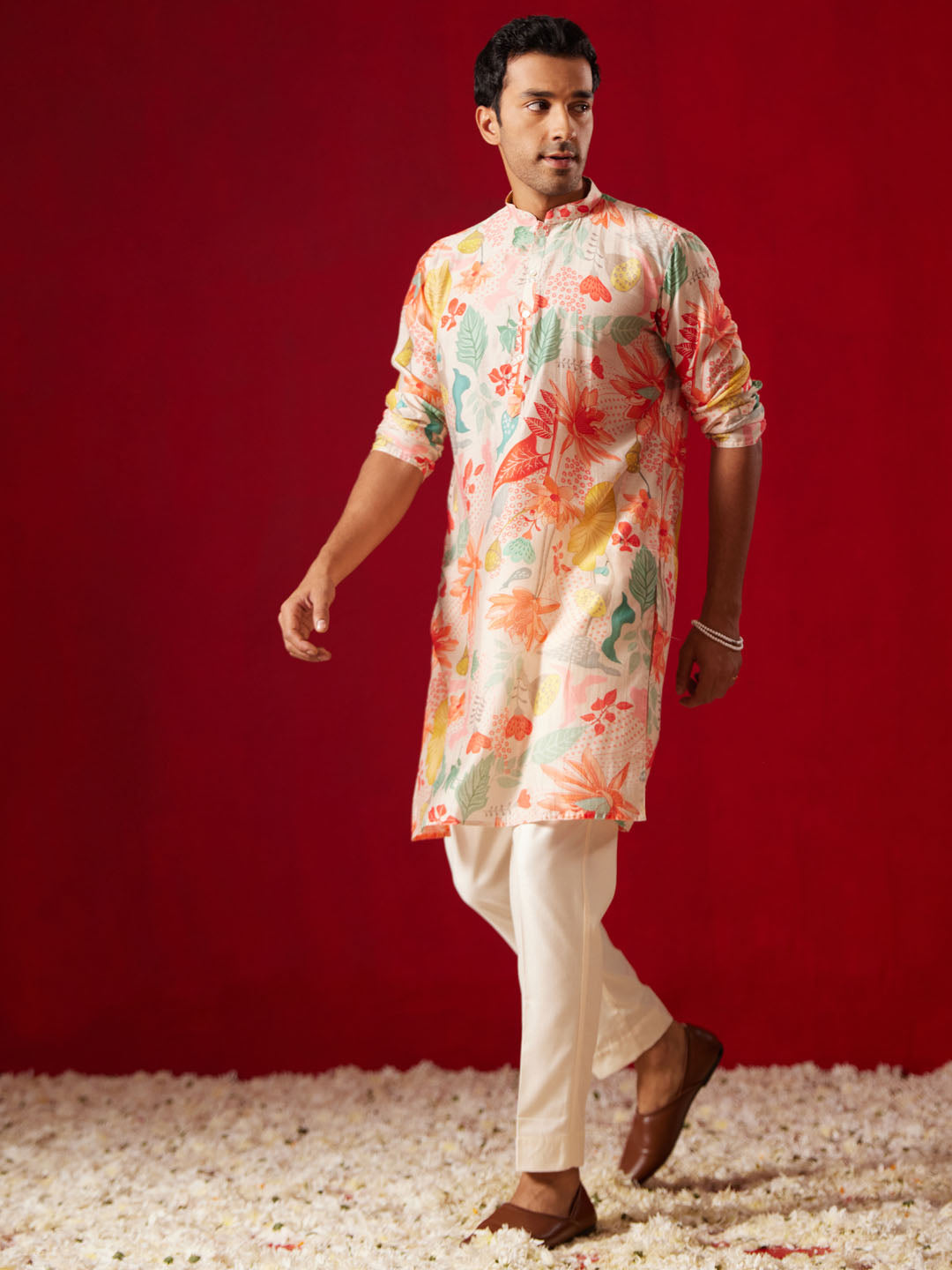 Men's Multi Color Base Pink Cotton Blend Kurta Pyjama Set