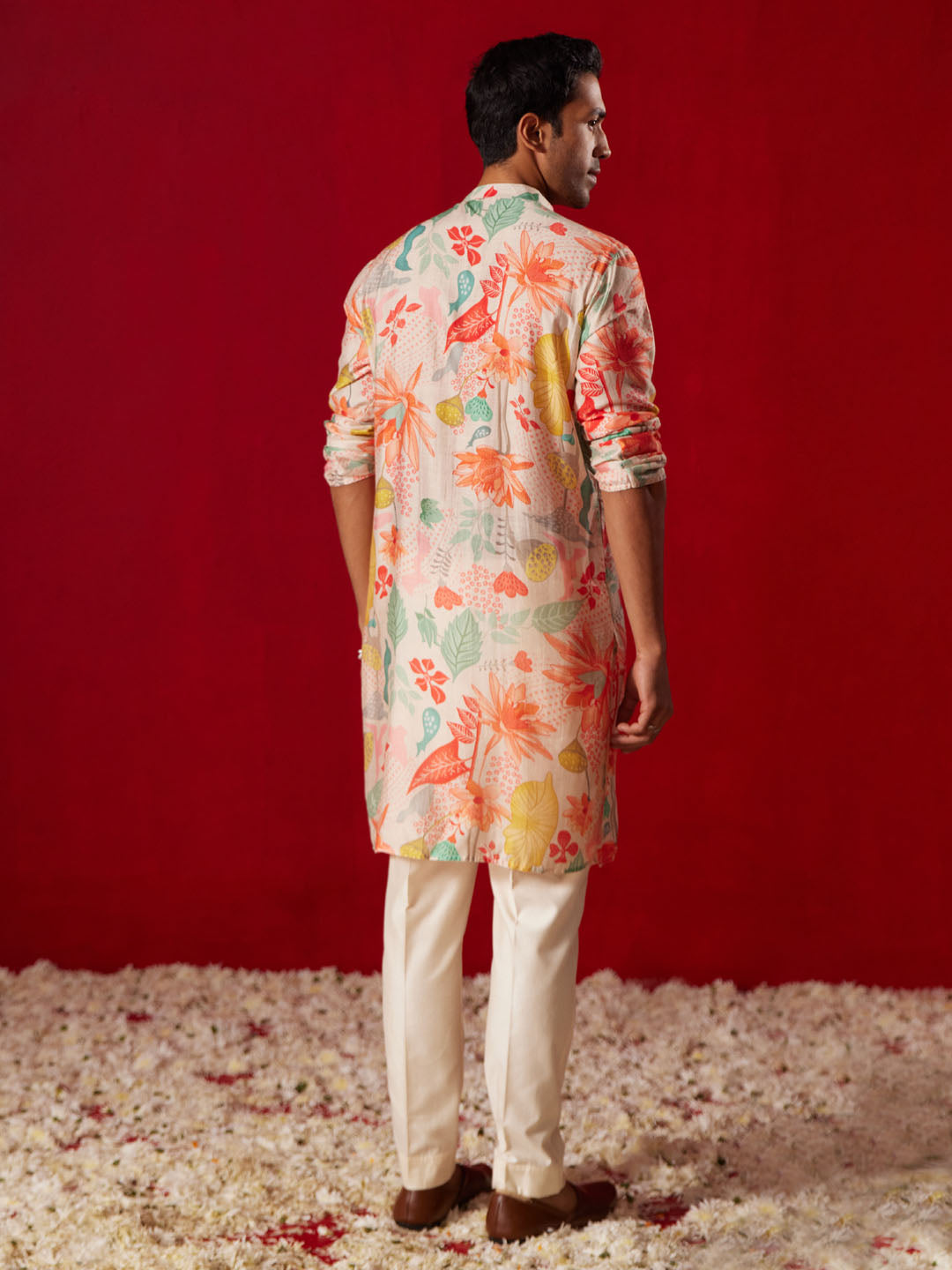 Men's Multi Color Base Pink Cotton Blend Kurta Pyjama Set