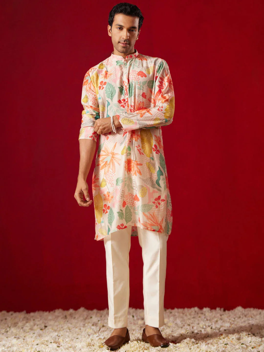 Men's Multi Color Base Pink Cotton Blend Kurta Pyjama Set