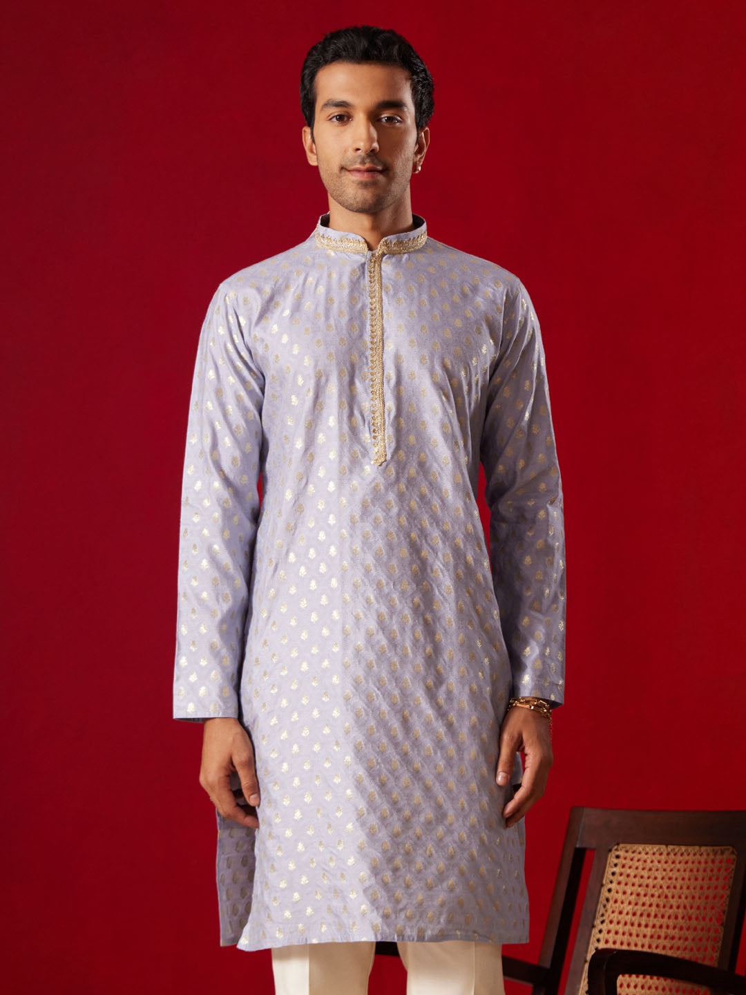 Men's Aqua Blue Silk Blend Jacquard Kurta