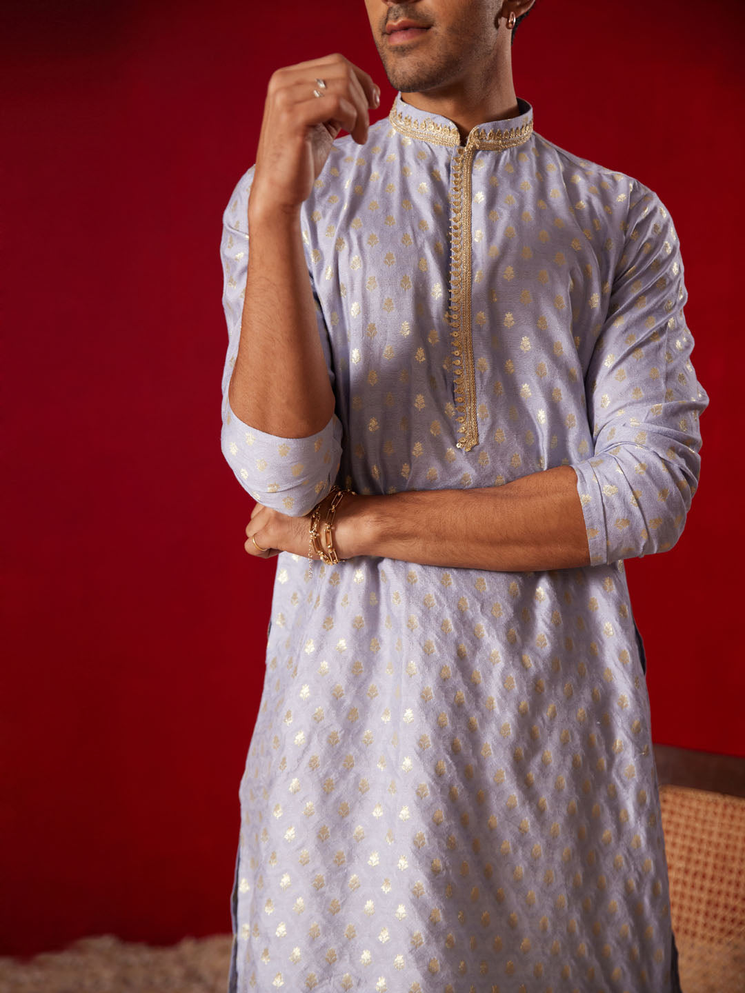 Men's Aqua Blue Silk Blend Jacquard Kurta