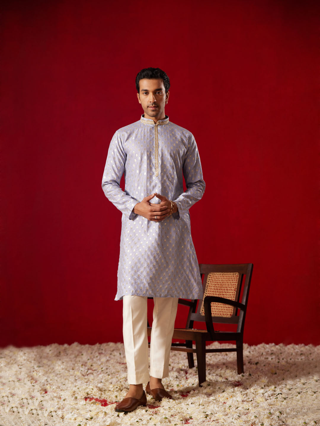 Men's Aqua Blue Silk Blend Jacquard Kurta