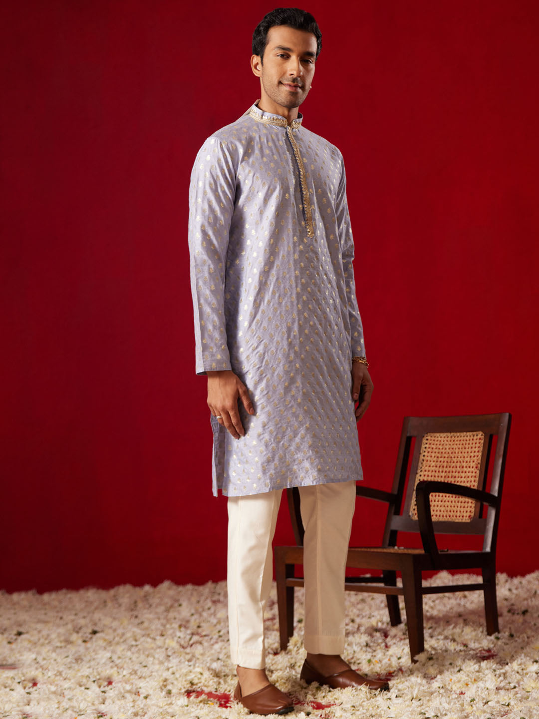 Me's Aqua Blue Silk Blend Jacquard Kurta With Pant Set