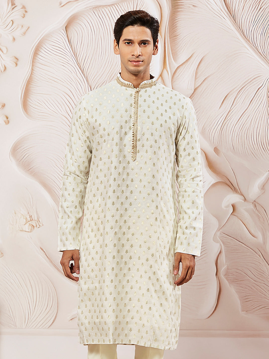 Men's Cream Silk Blend Jacquard Kurta