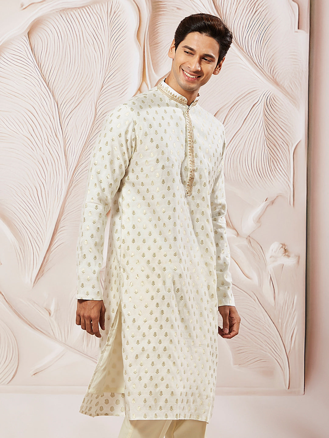Men's Cream Silk Blend Jacquard Kurta