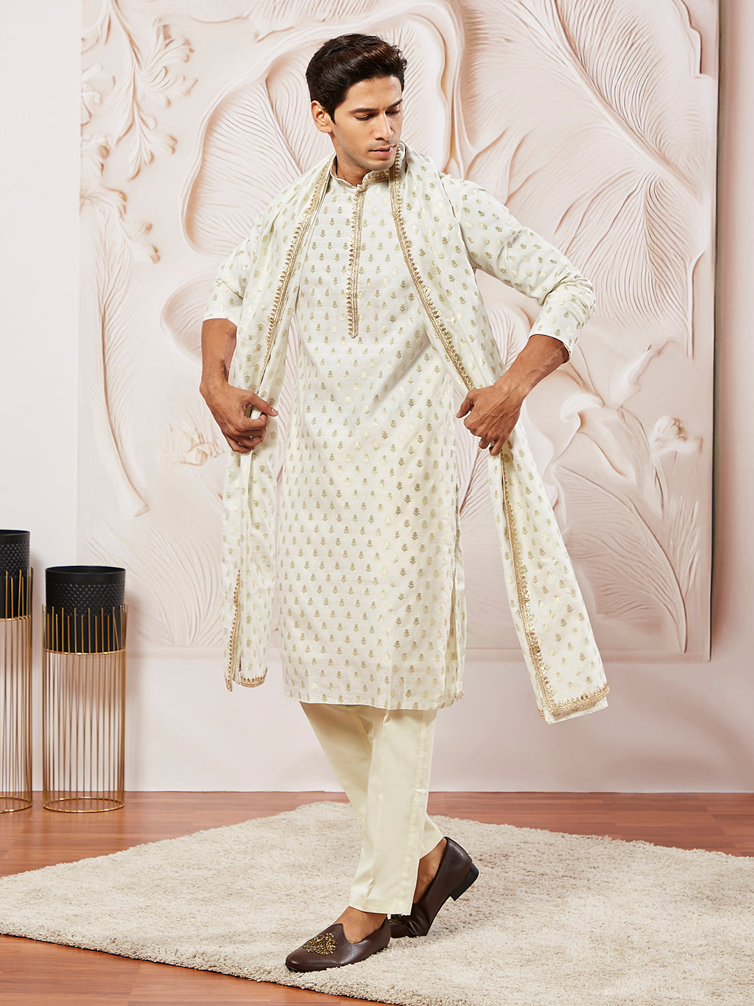 Men's Cream Silk Blend Jacquard Kurta