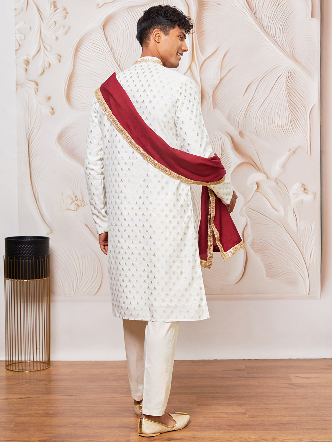 Men's Cream Silk Blend Kurta,Pant And Dupatta Set