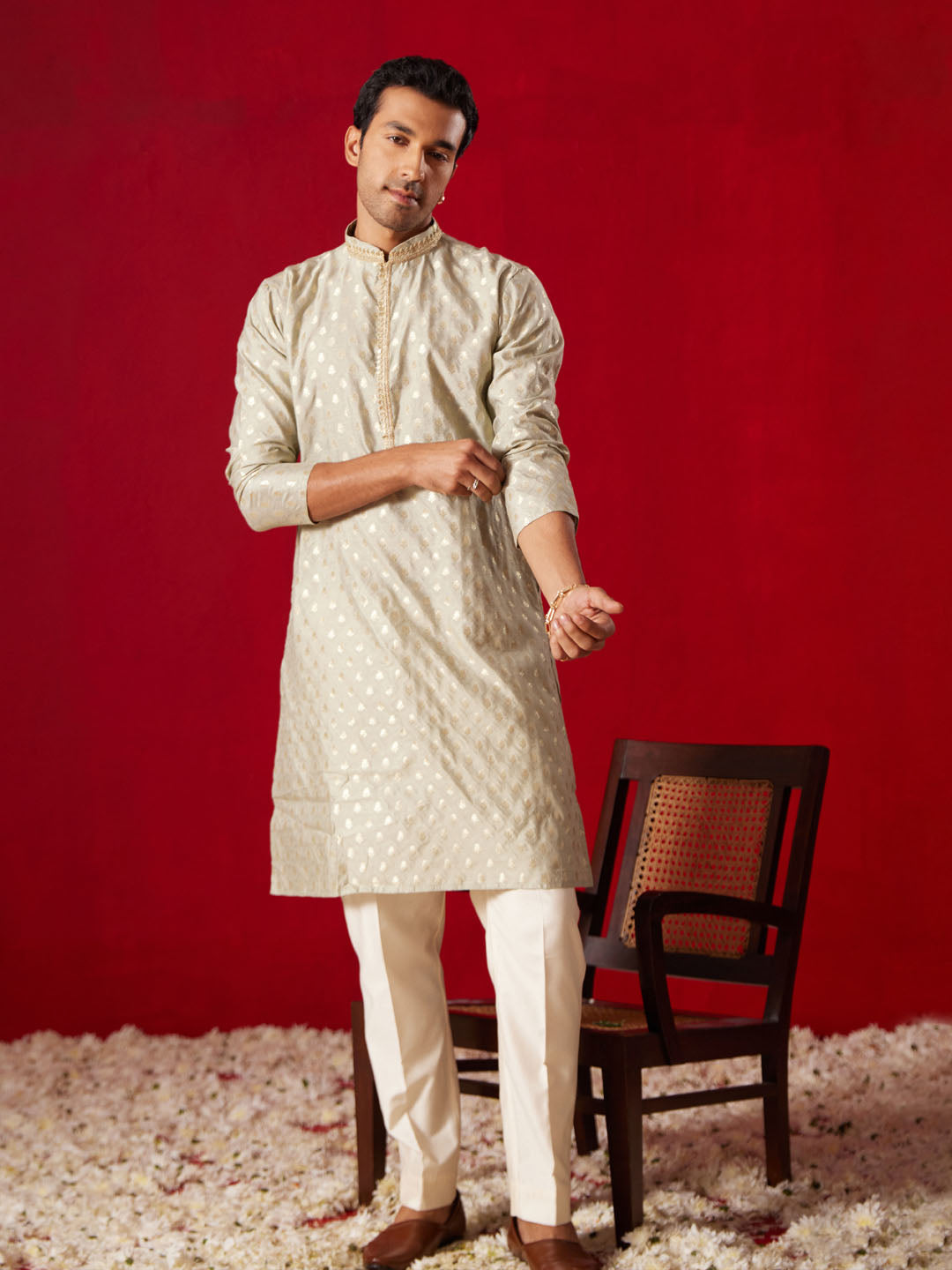 Me's Green Silk Blend Jacquard Kurta With Pant Set