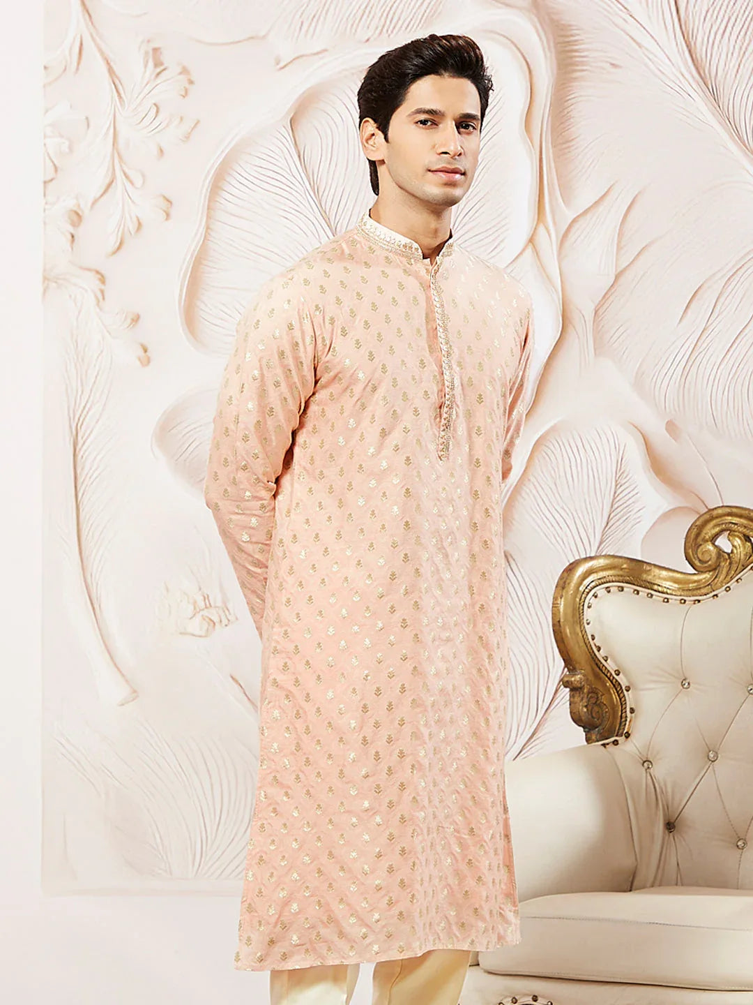 Men's Peach Silk Blend Jacquard Kurta