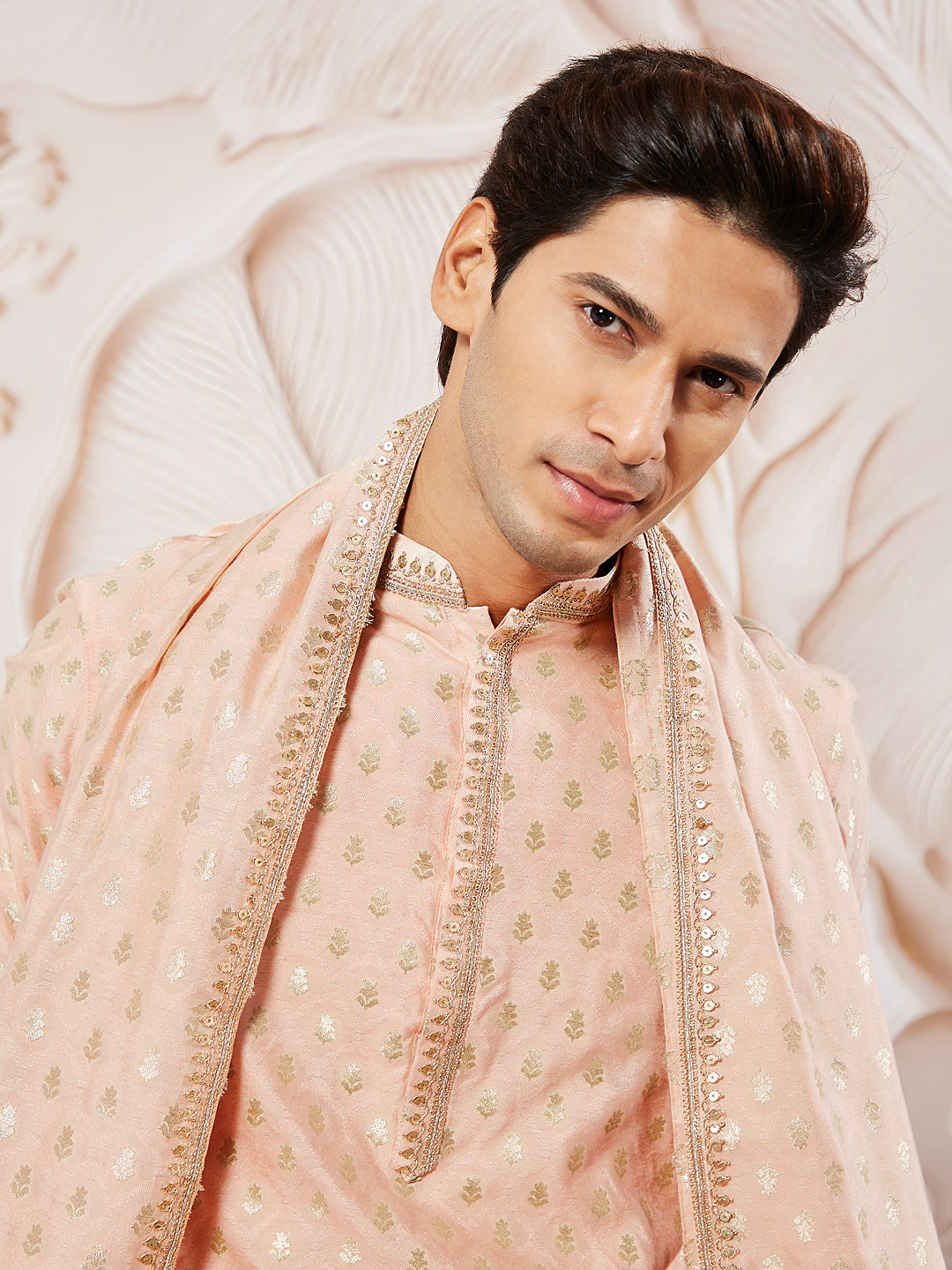 Men's Peach Silk Blend Jacquard Kurta