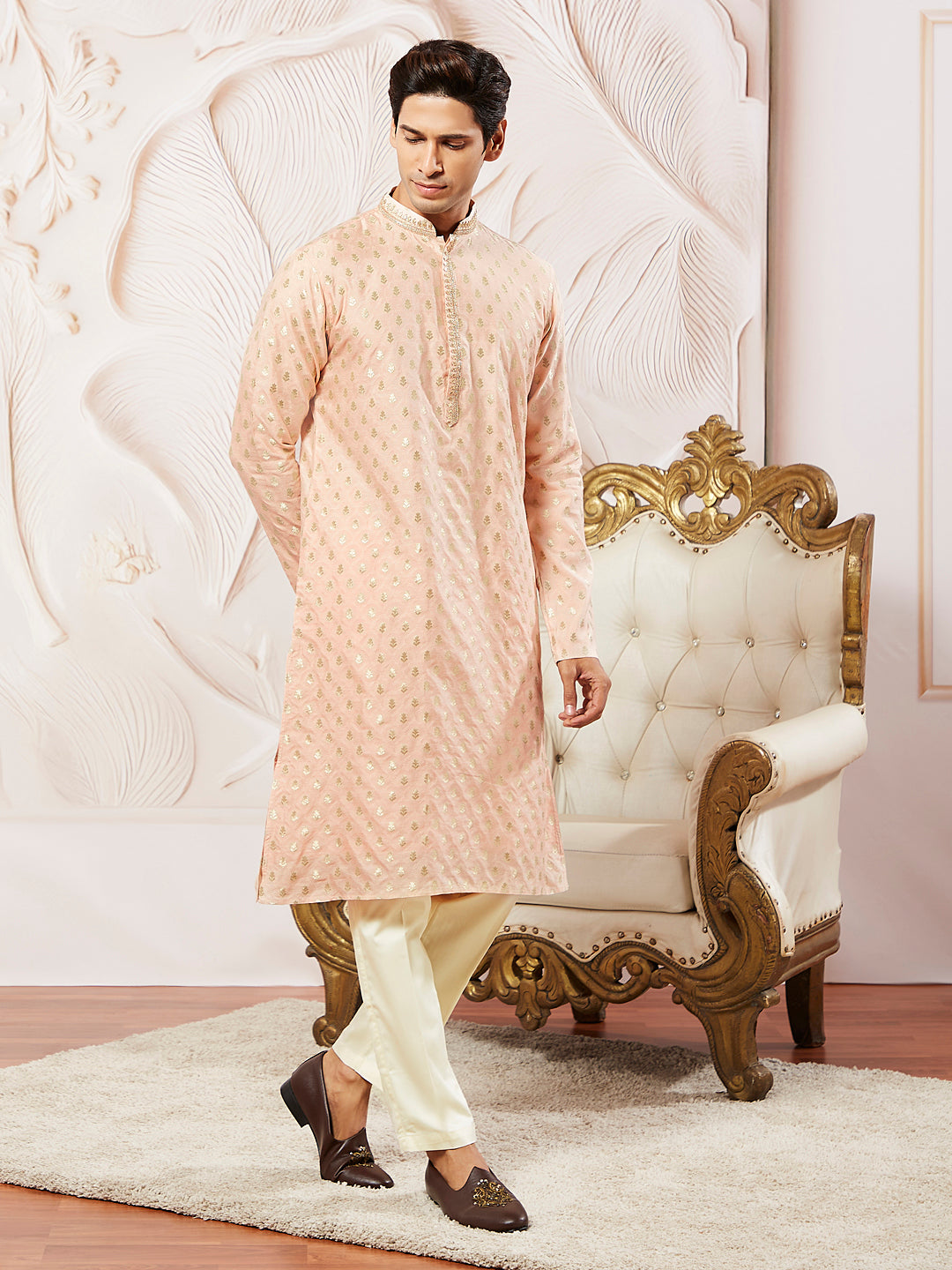 Men's Peach Silk Blend Jacquard Kurta