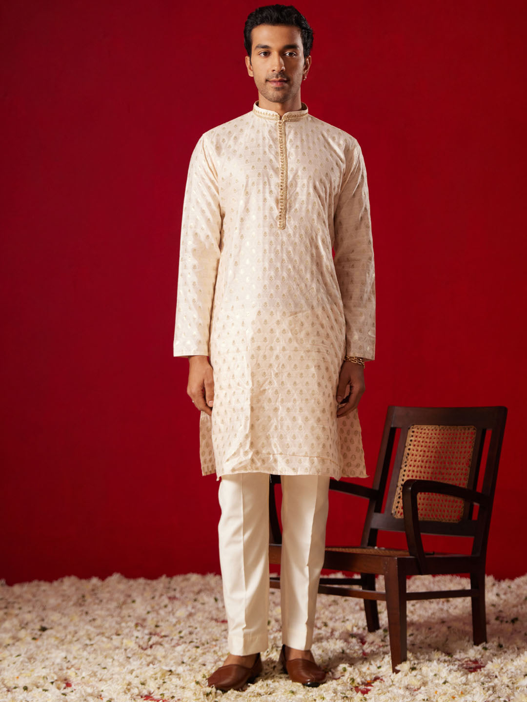 Men's Peach Silk Blend Jacquard Kurta With Pant Set